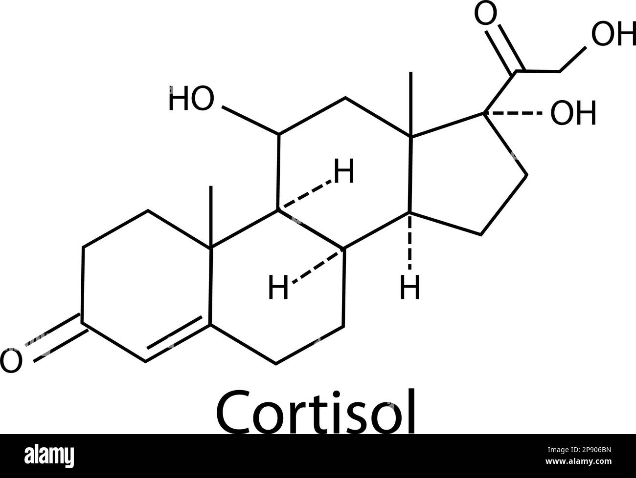 Icona dell'ormone cortisolo su sfondo bianco. Simbolo dell'ormone dello stress. segno di formula chimica cortisolo. stile piatto. Foto Stock