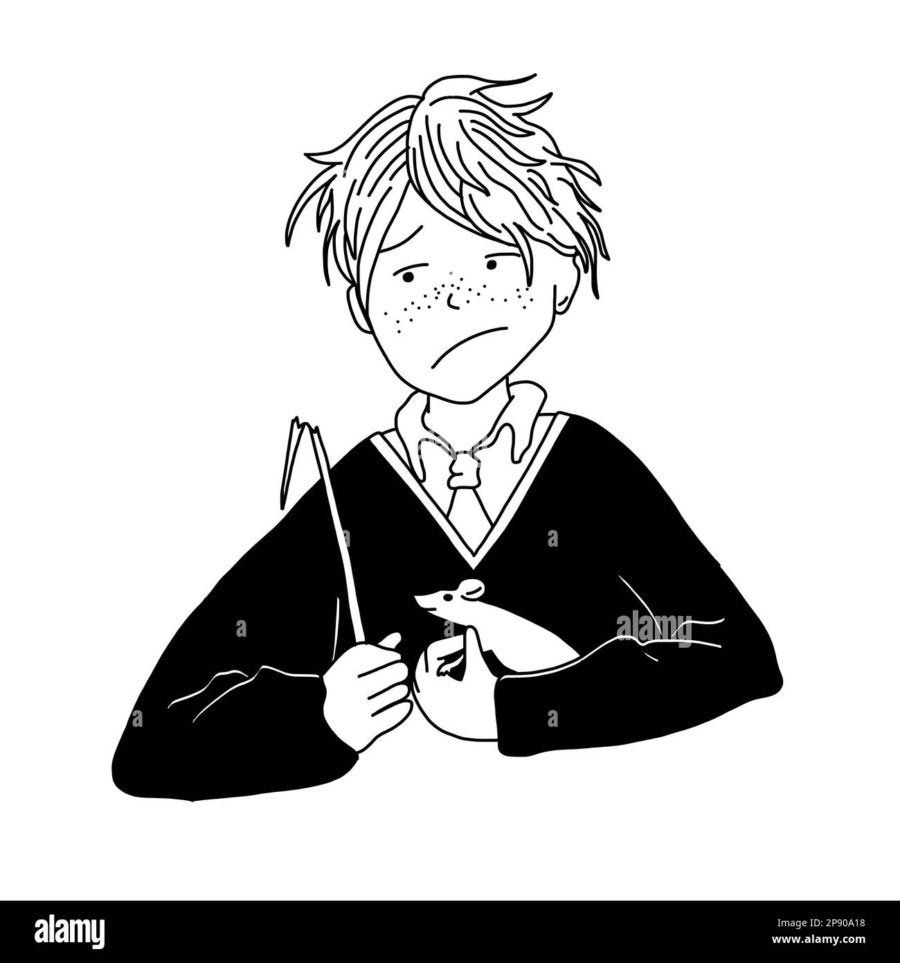 Ron con un ratto in bicchieri con gufo bianco dei libri. Illustrazione magica vettoriale in stile fumetto isolato su sfondo bianco. Illustrazione Vettoriale