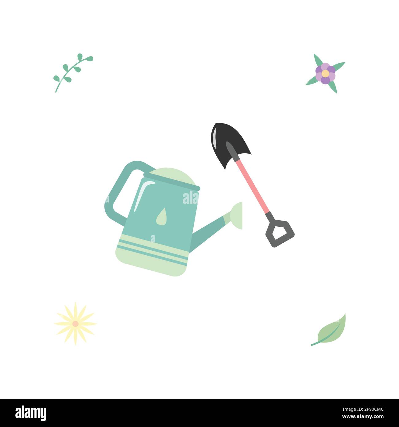 Illustrazione piatta della lattina di irrigazione e dell'illustrazione vettoriale della pala. Illustrazione Vettoriale