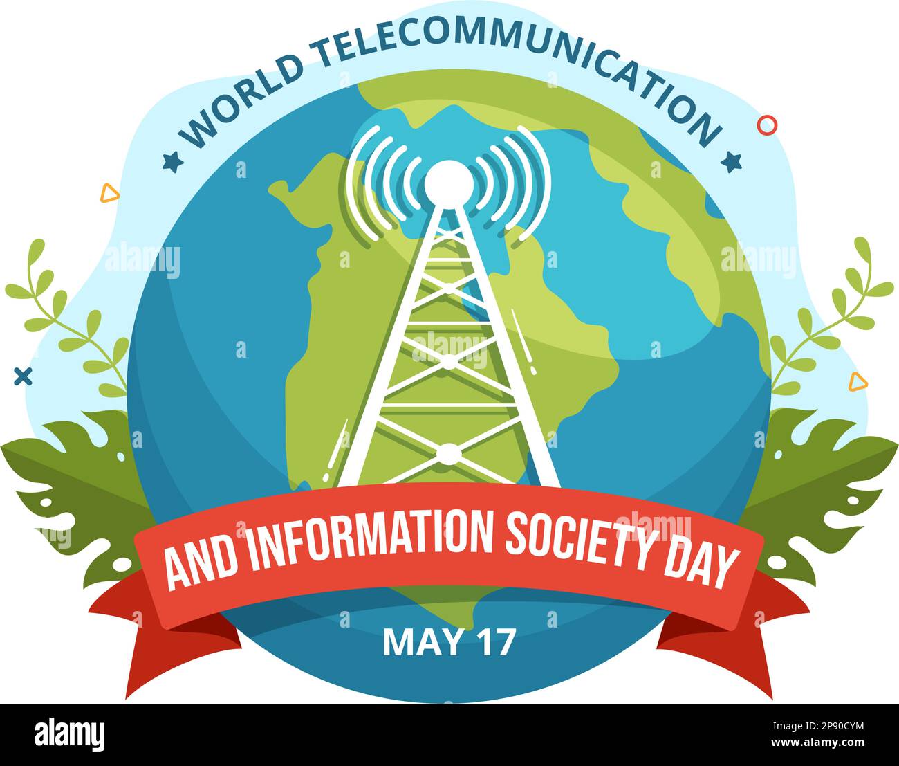 Giornata mondiale delle telecomunicazioni e della società dell'informazione il 17 maggio Illustrazione con la rete di comunicazione attraverso la Terra Globe in modelli disegnati a mano Illustrazione Vettoriale