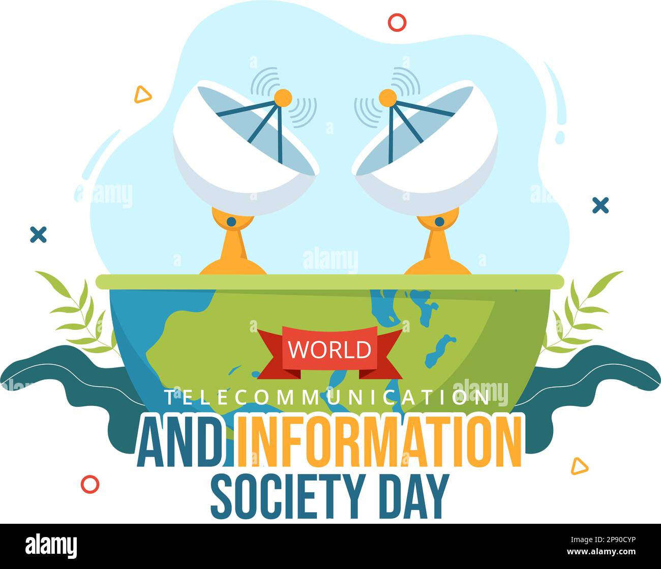 Giornata mondiale delle telecomunicazioni e della società dell'informazione il 17 maggio Illustrazione con la rete di comunicazione attraverso la Terra Globe in modelli disegnati a mano Illustrazione Vettoriale