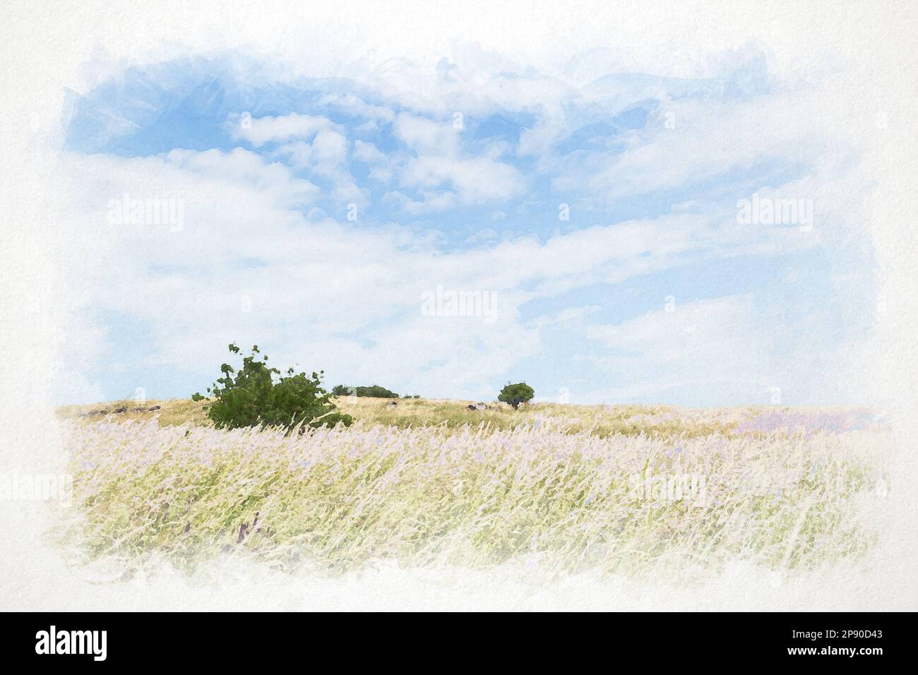 Pittura digitale di acquerello di prato pieno di fieno in una giornata di sole e vento in Repubblica Ceca. Sfondo carta con texture. Foto Stock
