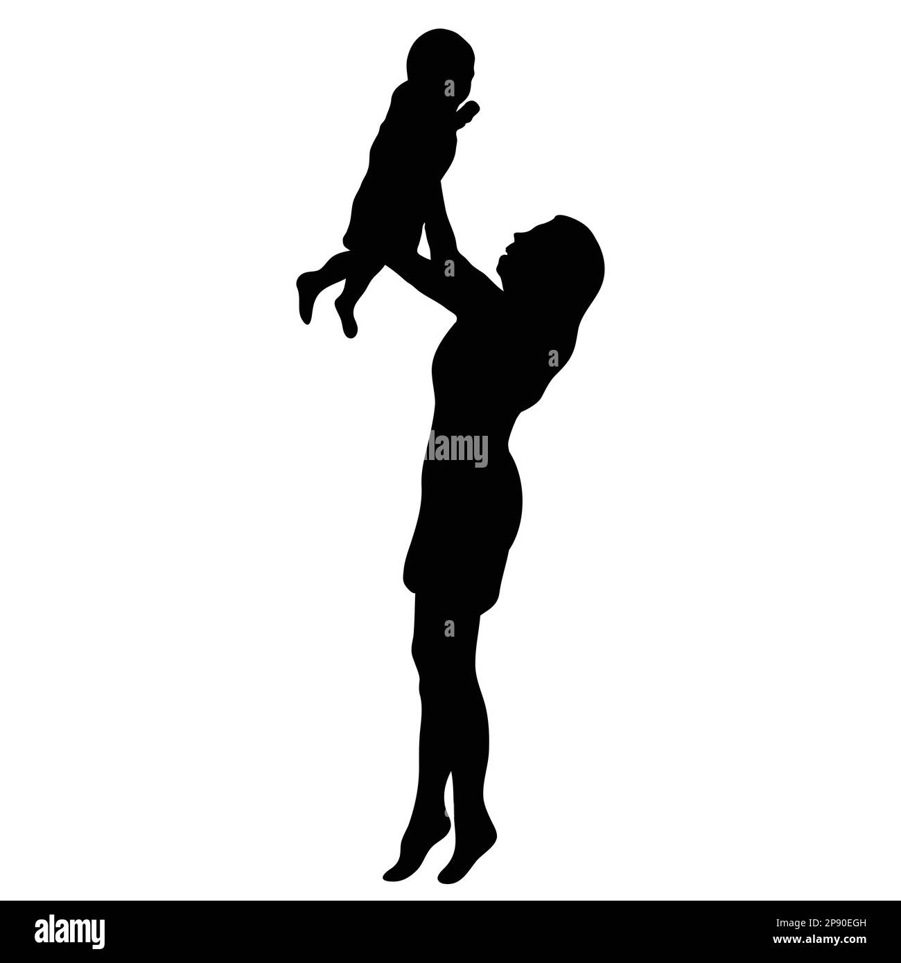 Madre che solleva il bambino silhouette figura vettore isolato su bianco. Silhouette design art. Illustrazione Vettoriale