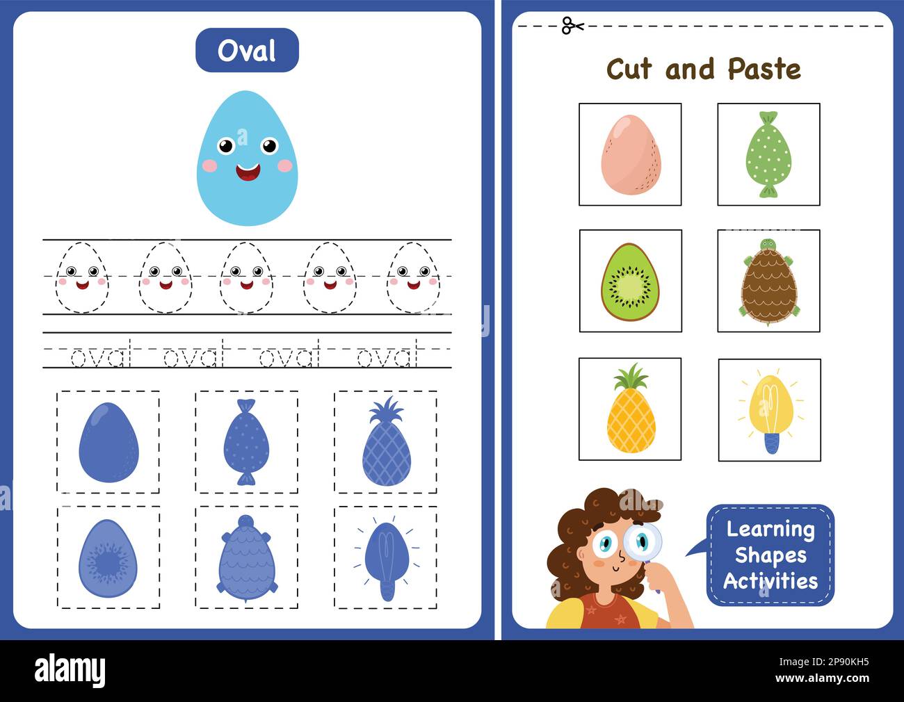 Pagina dell'attività apprendimento delle forme - ovale. Fogli di lavoro per forme geometriche per bambini Illustrazione Vettoriale