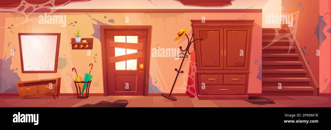 Casa abbandonata corridoio interno. Disegno vettoriale di stanza disordinata con ragnatela e crepe su porta a bordo, specchio, mobili, soffitto, wa Illustrazione Vettoriale