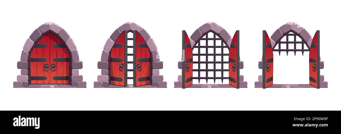 Le porte del castello medievale aprono animazione cartoon vettoriale asset. Set di vecchio cancello di legno ingresso alla prigione con arco di pietra. Portale di gioco fantasy. Isolo pesante Illustrazione Vettoriale