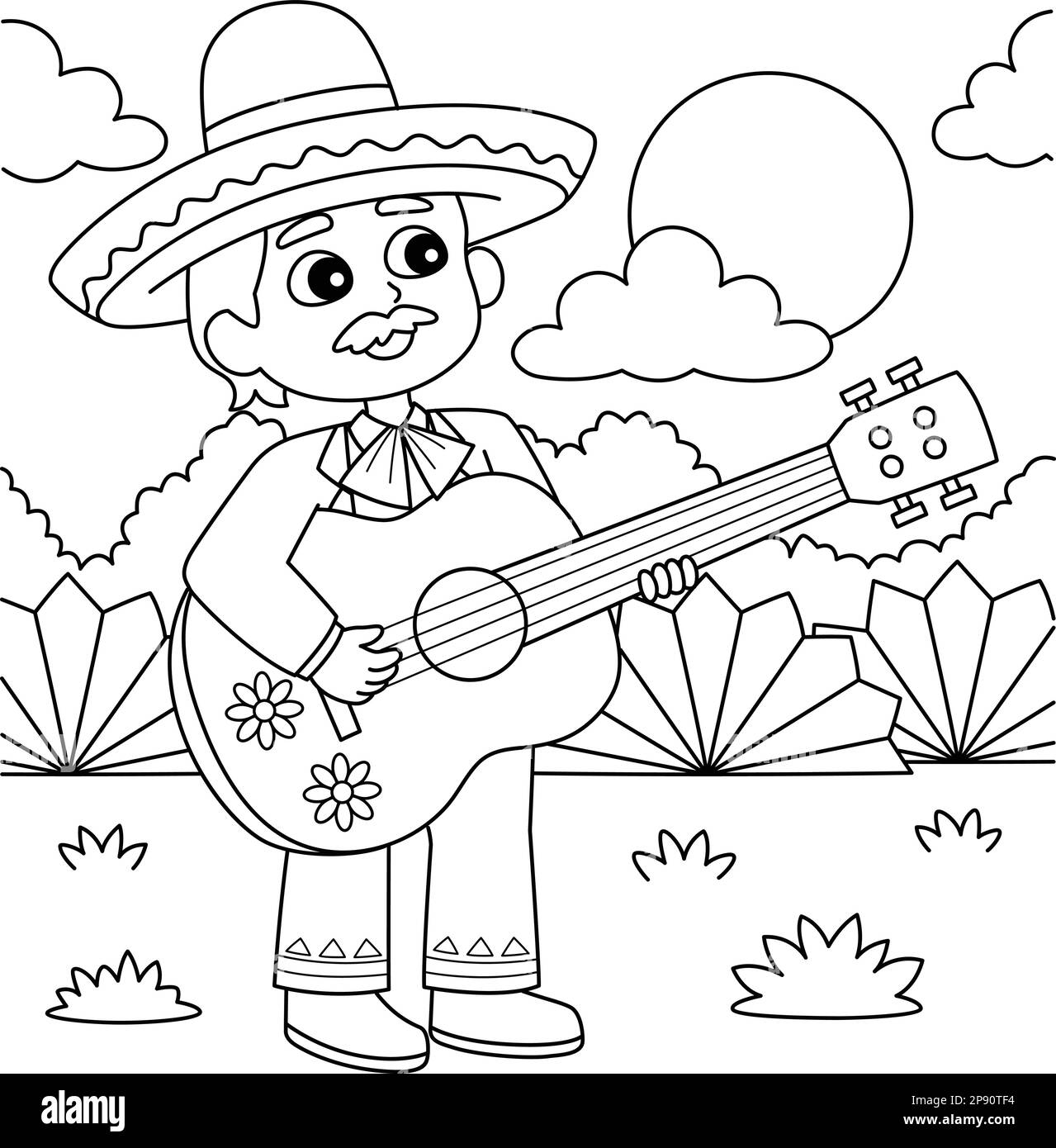 Cinco de Mayo Mexican Boy con colorazione chitarra Illustrazione Vettoriale