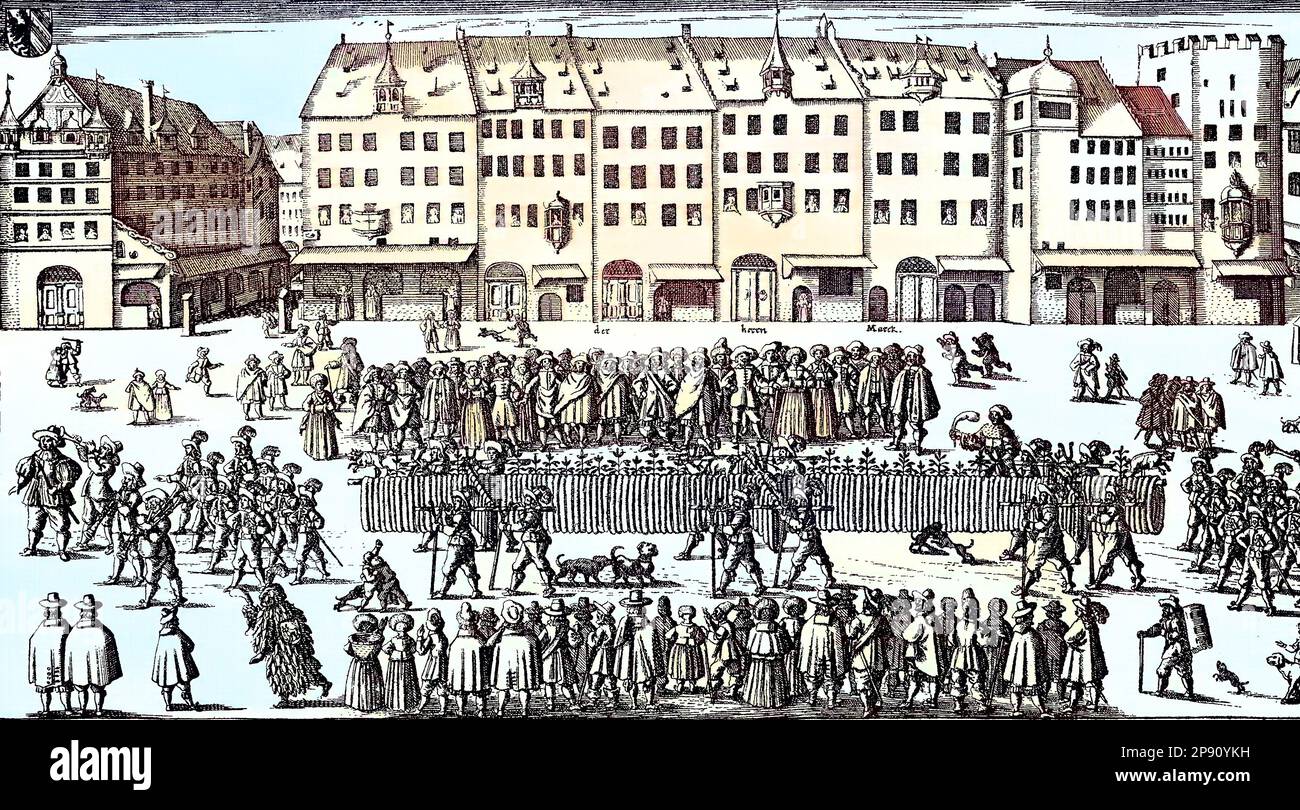 Prozession der Metzger in Nürnberg, Deutschland, 1658, mit einer 658 Ellen langen Wurst, Historisch, digital restaurierte Reproduktion von einer Vorlage aus dem 19. Jahrhundert Foto Stock