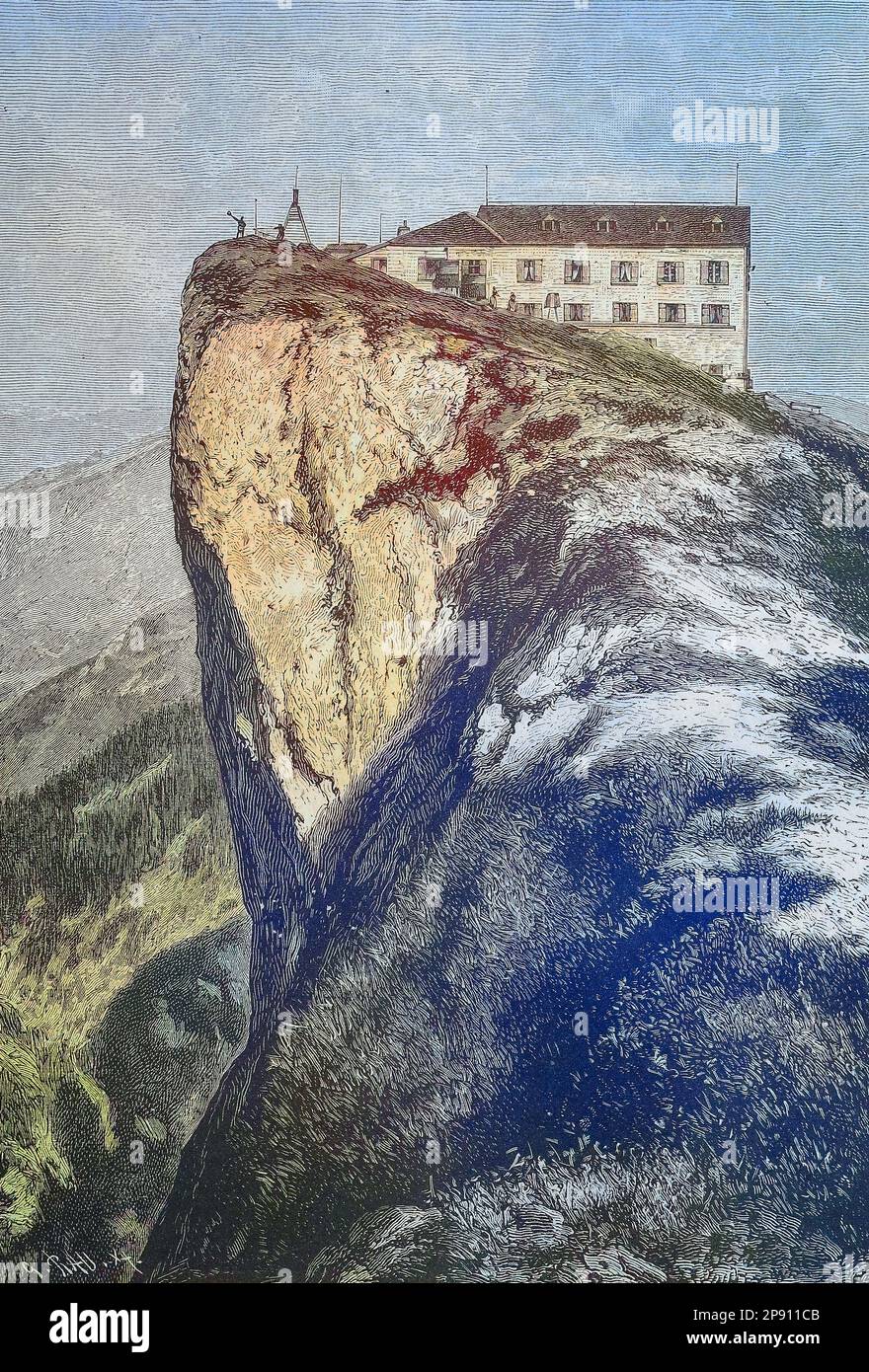 Das Hotel am Schafberg, einem Berg im österreichischen Bundesland Salisburgo. Er liegt im Salzkammergut-Gebirge der Nördlichen Kalkalpen, Historisch, digital restaurierte Reproduktion von einer Vorlage aus dem 19. Jahrhundert Foto Stock