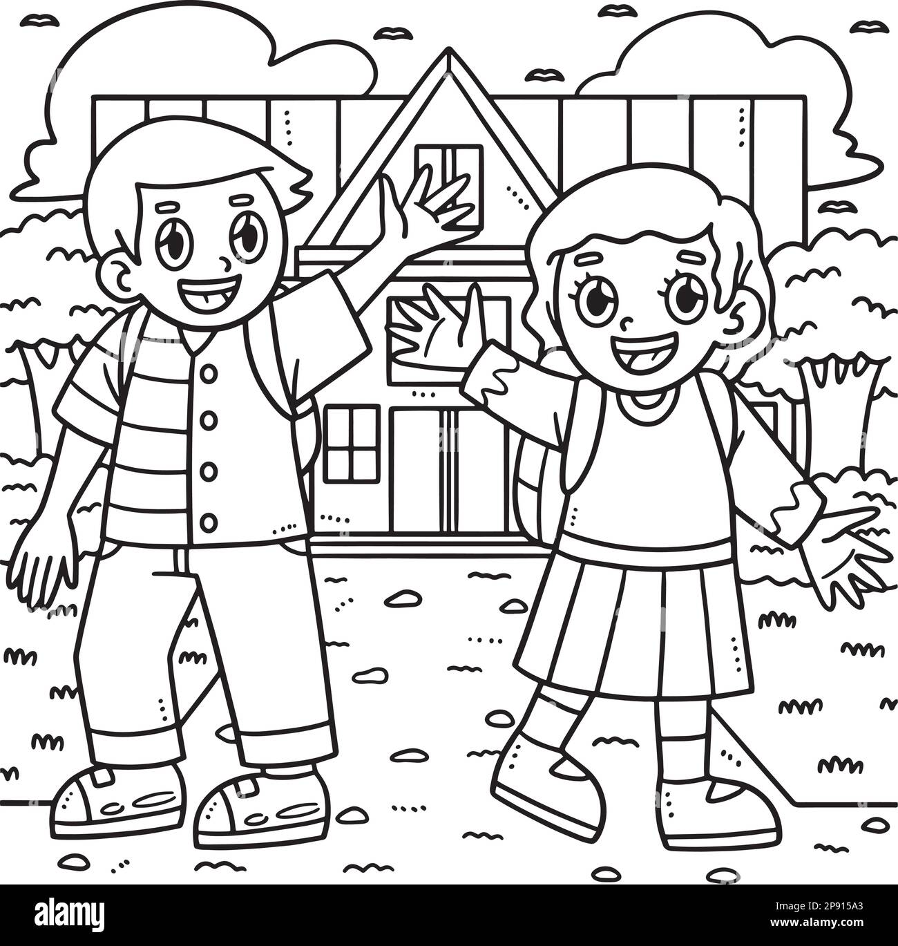 Ultimo giorno di scuola Bambini ondeggiando pagina da colorare Illustrazione Vettoriale