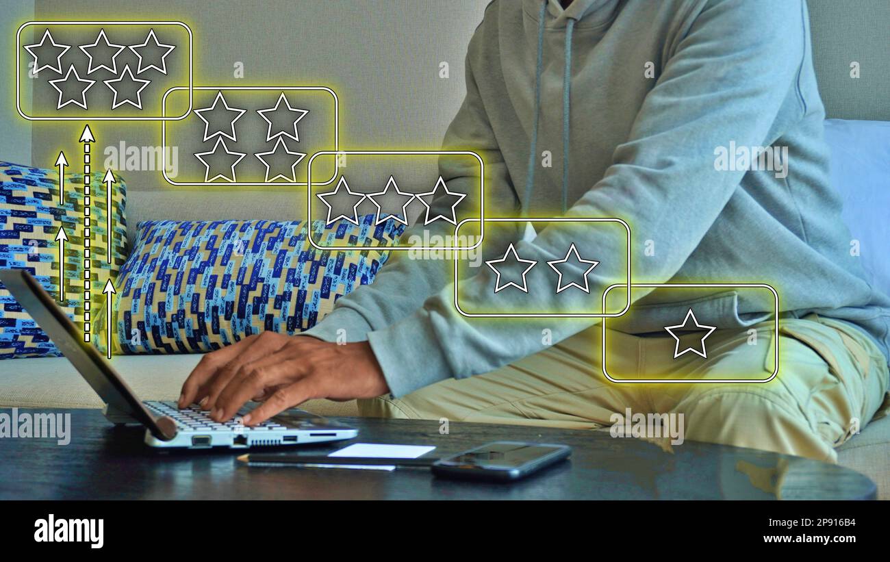 Illustrazione idea di concetto di business soddisfazione del cliente valutazione Star feedback per il miglioramento Foto Stock