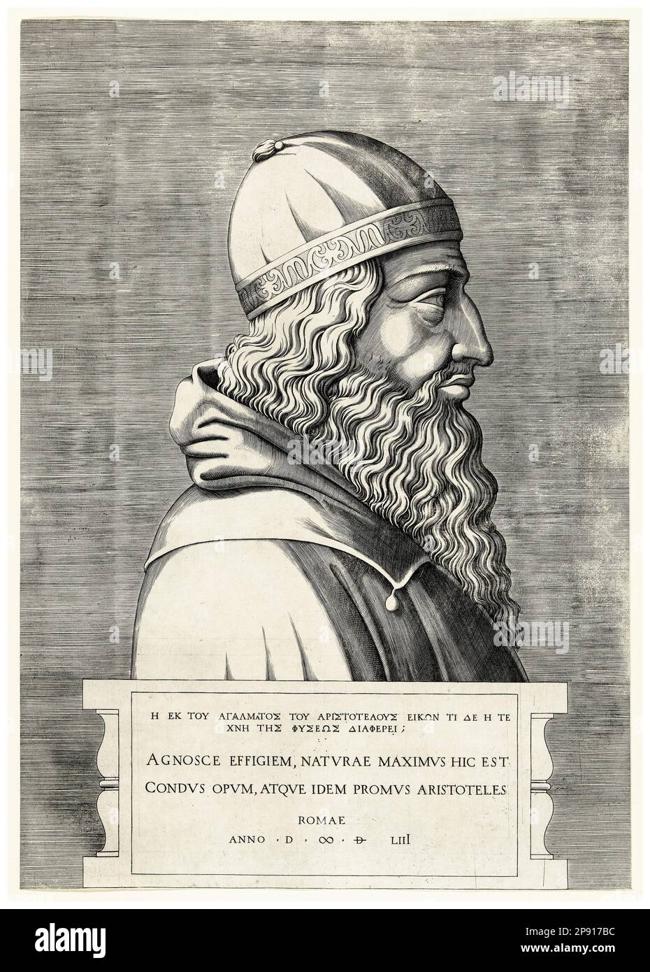 Aristotele (384-322 a.C.), filosofo e polymath greco antico, 16th ° secolo ritratto incisione dopo Enea Vico, 1530-1560 Foto Stock