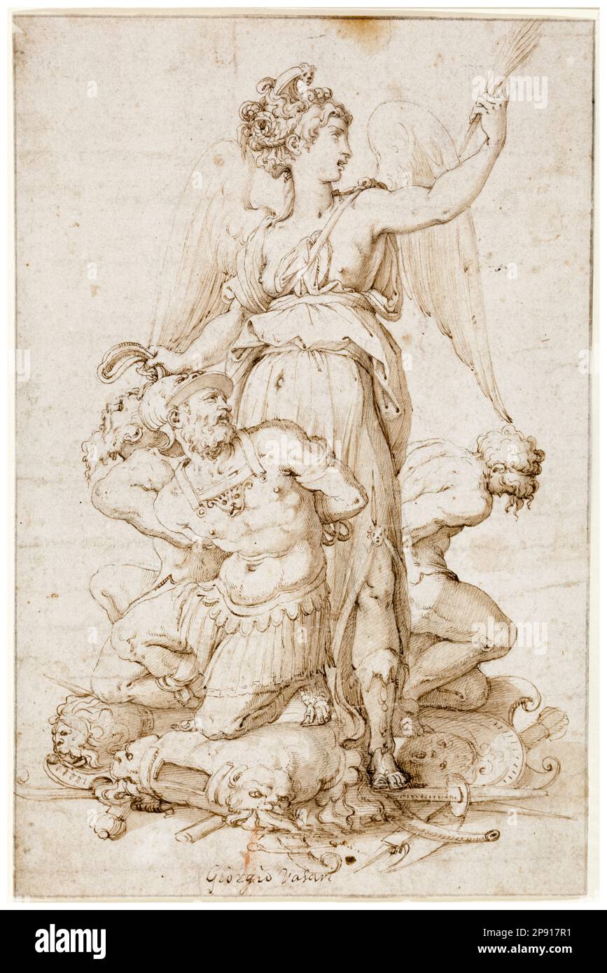 Giorgio Vasari, Vittoria, con tre prigionieri, inginocchiati sui Trofei, disegno in penna e inchiostro con lavaggio, circa 1540 Foto Stock