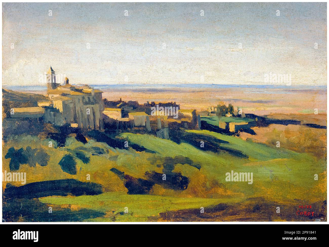 Jean Baptiste Camille Corot, Vista mattutina di Marino sulle colline Albane (Italia), disegno ad olio, pittura paesaggistica ad olio su tela, 1826-1827 Foto Stock