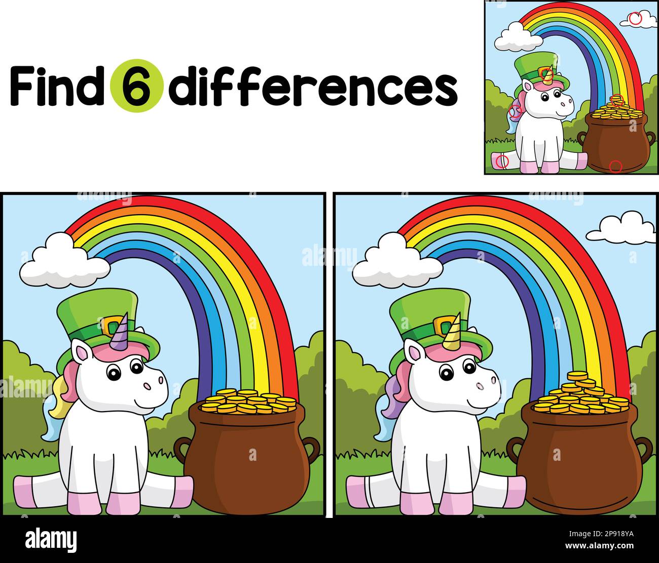 St Patrick Day Unicorn trova le differenze Illustrazione Vettoriale