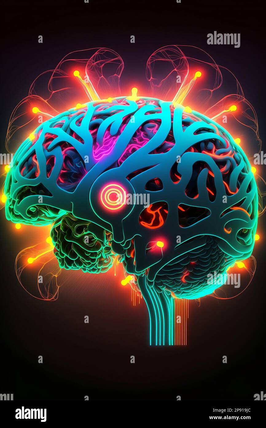 Illustrazione del cervello colorata e computer, cervello umano che risplenderà di simboli della tecnologia intorno. Foto Stock