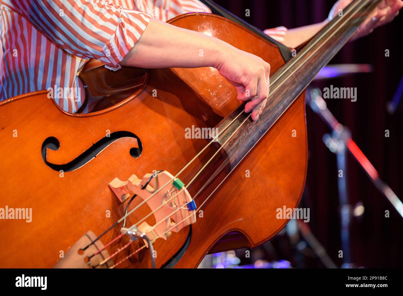 Musicista maschio in una camicia a strisce rosse che suona un contrabbasso. Primo piano della mano. Foto Stock