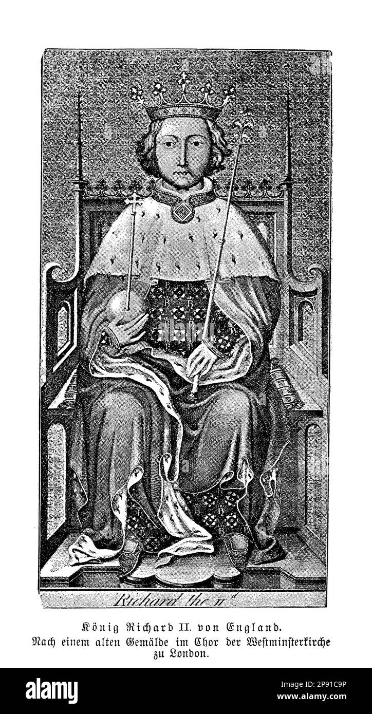 Re Riccardo II d'Inghilterra fu l'ultimo re di Plantagenet e governò dal 1377 fino alla sua deposizione nel 1399. Era una figura controversa, nota per la sua stravaganza, la pietà religiosa e le tendenze autoritarie. Il suo regno fu segnato da conflitti con la nobiltà, tra cui il cugino Henry Bolingbroke, che lo depose in seguito e divenne Enrico IV Foto Stock