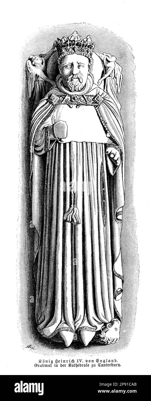 Enrico IV d'Inghilterra fu il primo monarca della Casa di Lancaster e governò dal 1399 fino alla sua morte nel 1413. Era noto per le sue campagne militari, tra cui il rovesciamento di Richard II, e per aver istituito un governo forte e stabile. Il suo regno fu segnato da conflitti e ribellioni, anche da parte dei suoi familiari, ma è anche ricordato per il suo patrocinio delle arti e il sostegno della letteratura Foto Stock