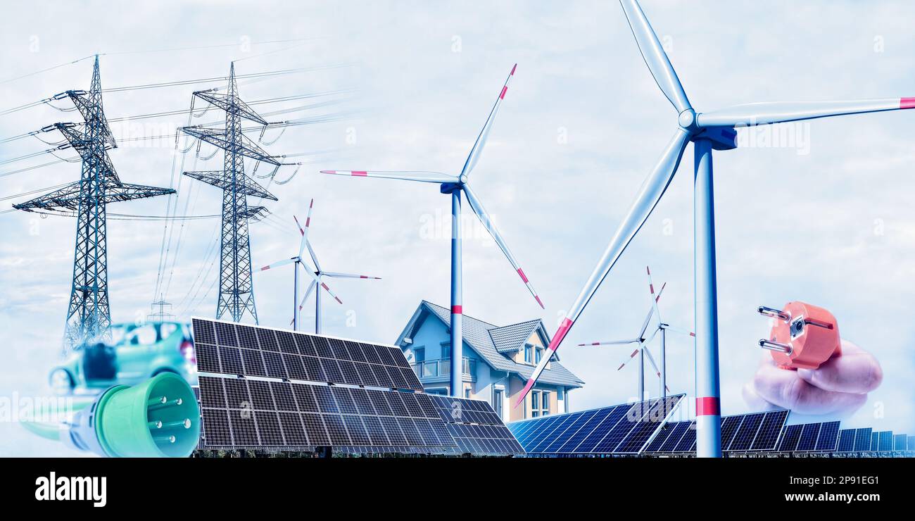 Energia elettrica tramite energie rinnovabili per la mobilità e edifici con energia eolica e solare Foto Stock