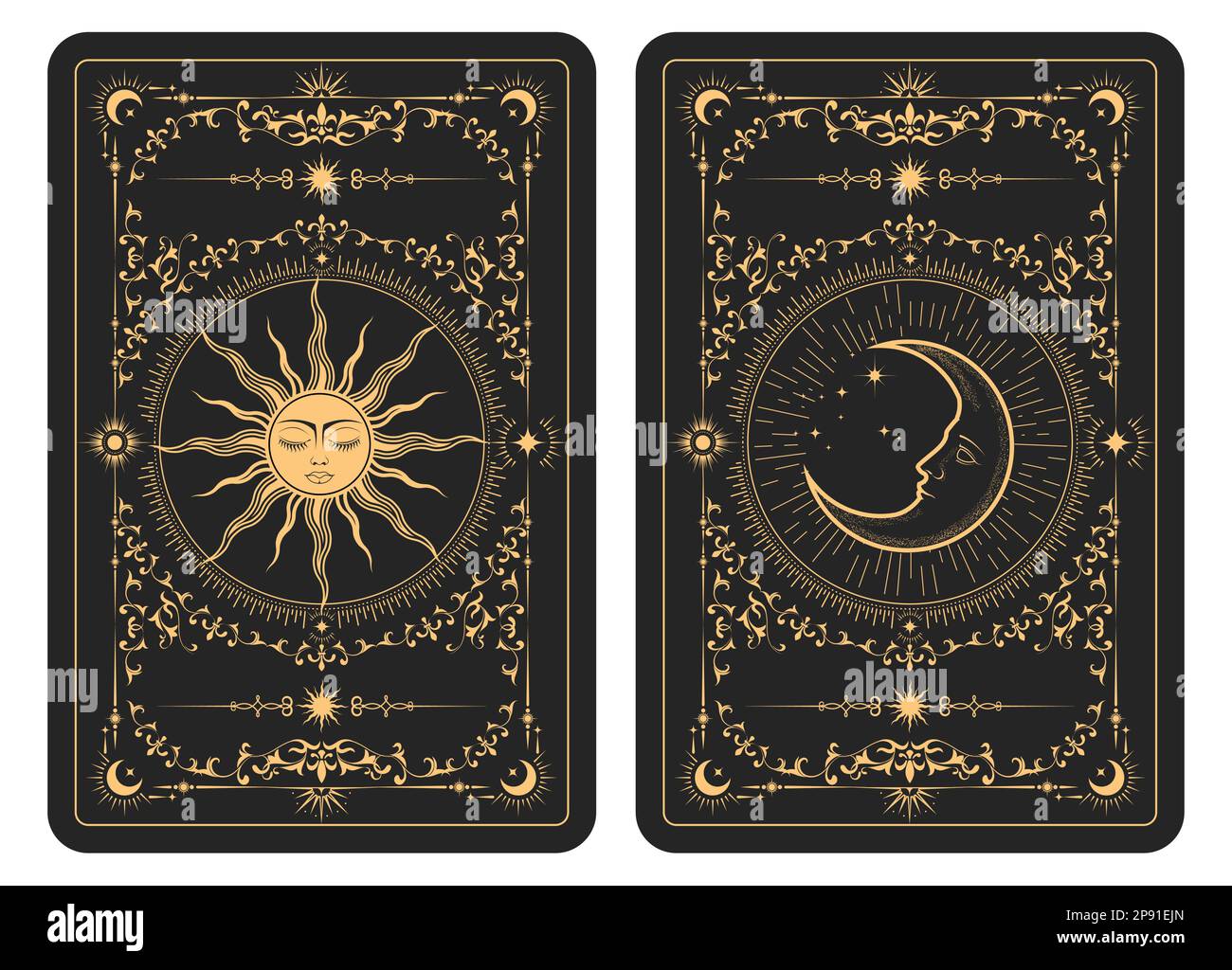 Il lato opposto di un lotto di carte tarocchi, modello con sole e luna mistica, simboli esoterici di mezza luna e astrologia, vettore Illustrazione Vettoriale