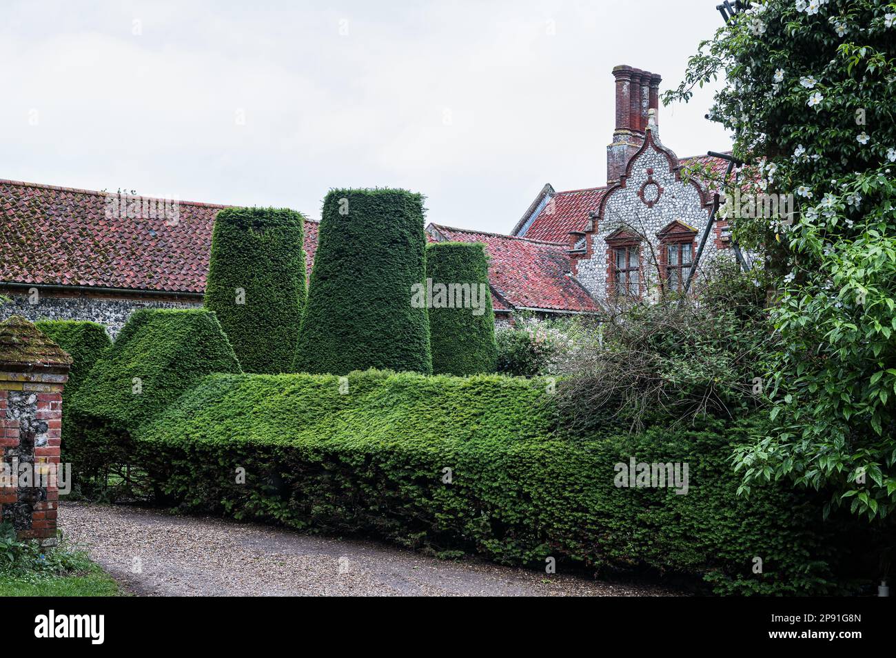 Topiario e tetti a Wiveton Hall 17th ° secolo casa padronale giacobina, Norfolk, Regno Unito Foto Stock