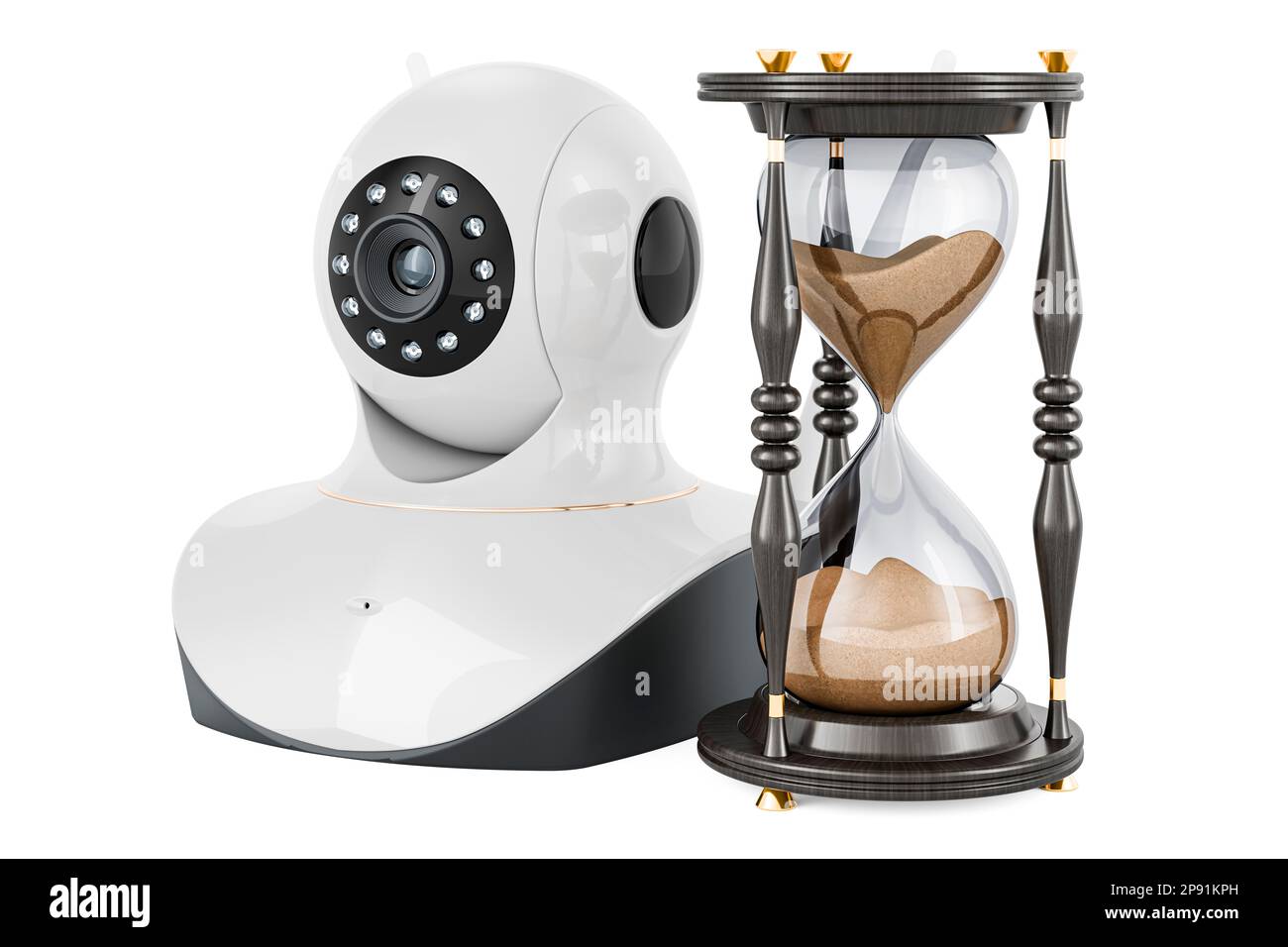 Videocamera Internet Protocol con clessidra di sabbia, rendering 3D isolato su sfondo bianco Foto Stock