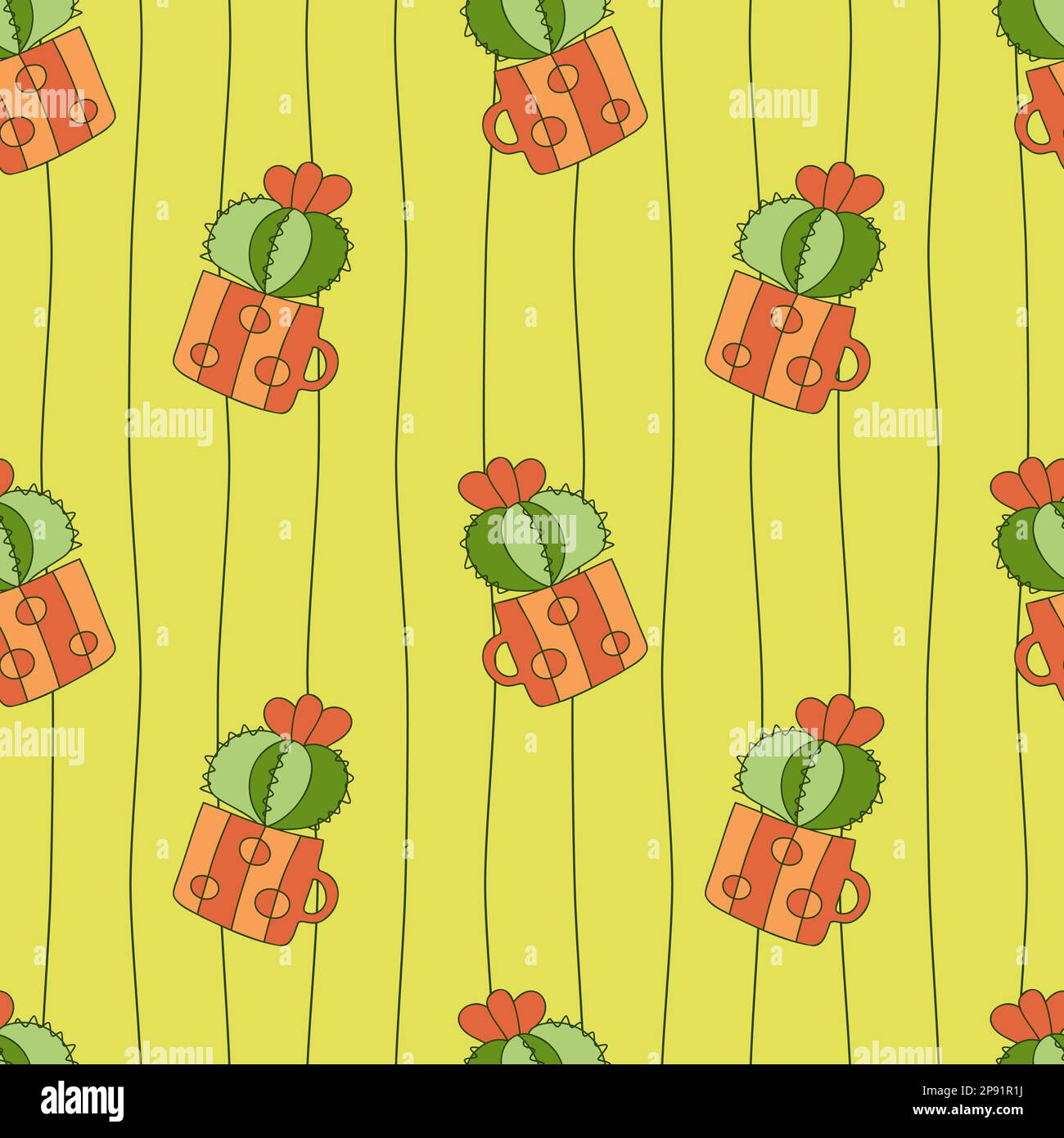 Cute fiore cactus in ceramica tazza su linee verticali ondulate sfondo senza cuciture motivo. Colore doodle mano disegnato arredamento casa. Perfetto per la diffusione della biancheria ta Illustrazione Vettoriale