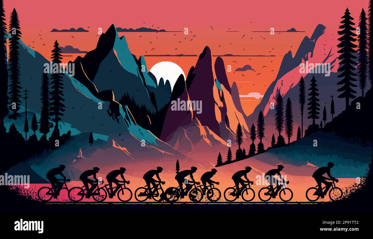 Un gruppo di ciclisti in montagna al tramonto. Gara ciclistica sullo sfondo di un bellissimo paesaggio. Illustrazione vettoriale Illustrazione Vettoriale