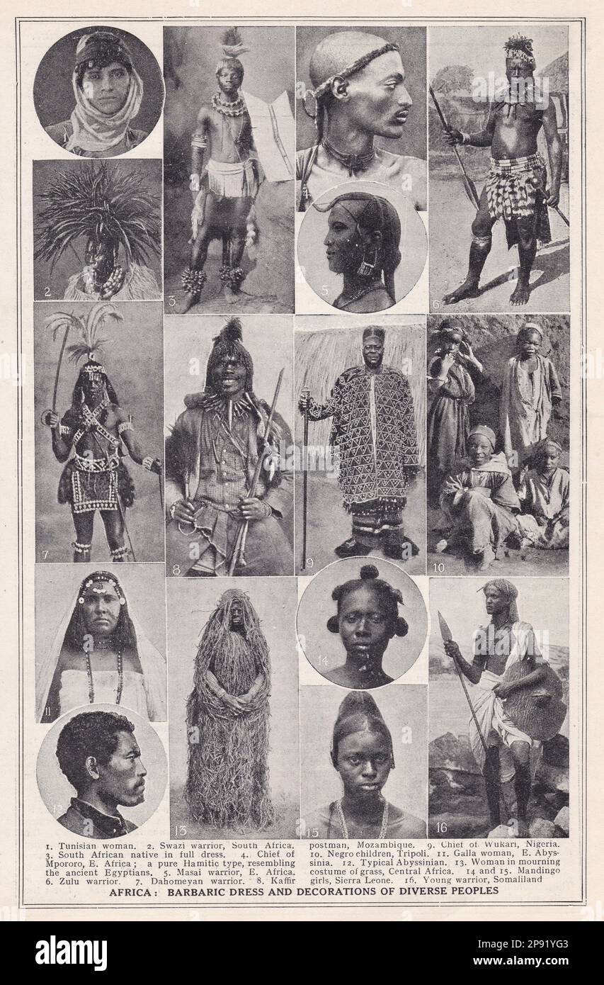 Africa - abiti barbarici e decorazioni di popoli diversi. Foto Stock