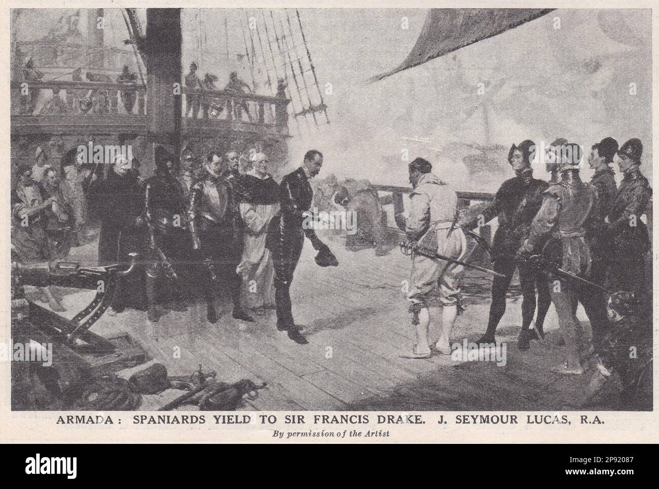 Armada - gli spagnoli cedono a Sir Francis Drake di J. Seymour Lucas. Foto Stock