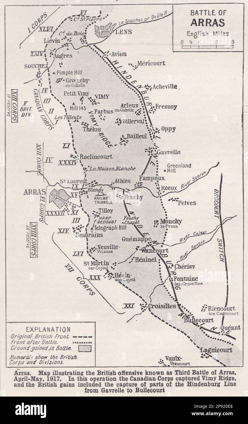 Mappa vintage della Battaglia di Arras. Foto Stock