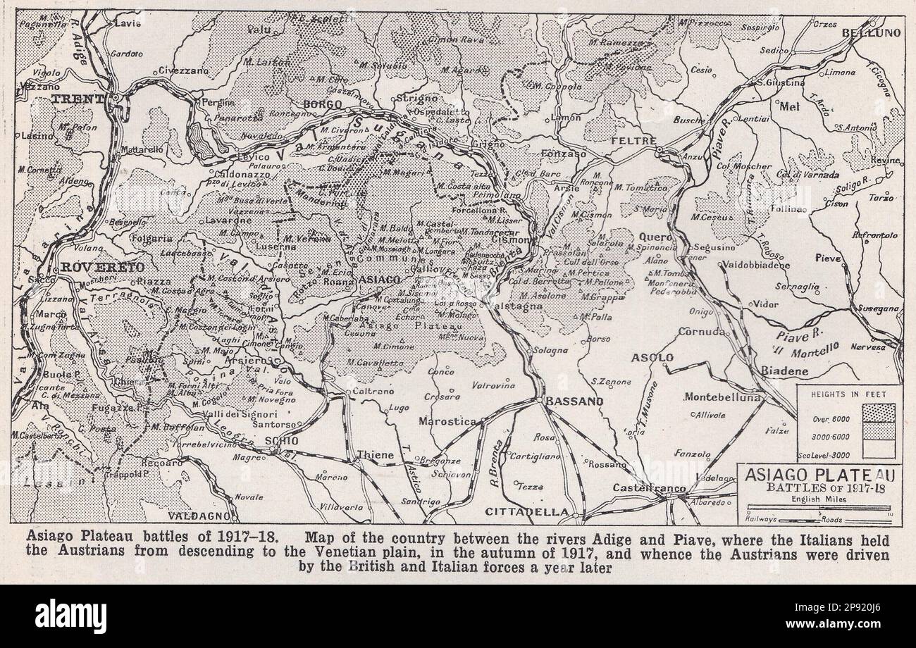 Mappa d'epoca delle battaglie dell'Altopiano di Asiago del 1917 - 1918. Foto Stock