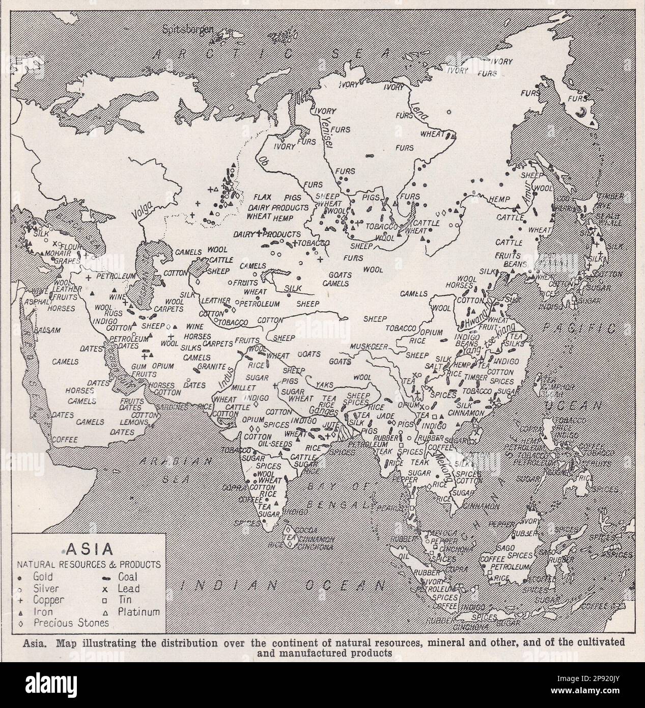 Mappa vintage dell'Asia - risorse naturali e prodotti. Foto Stock