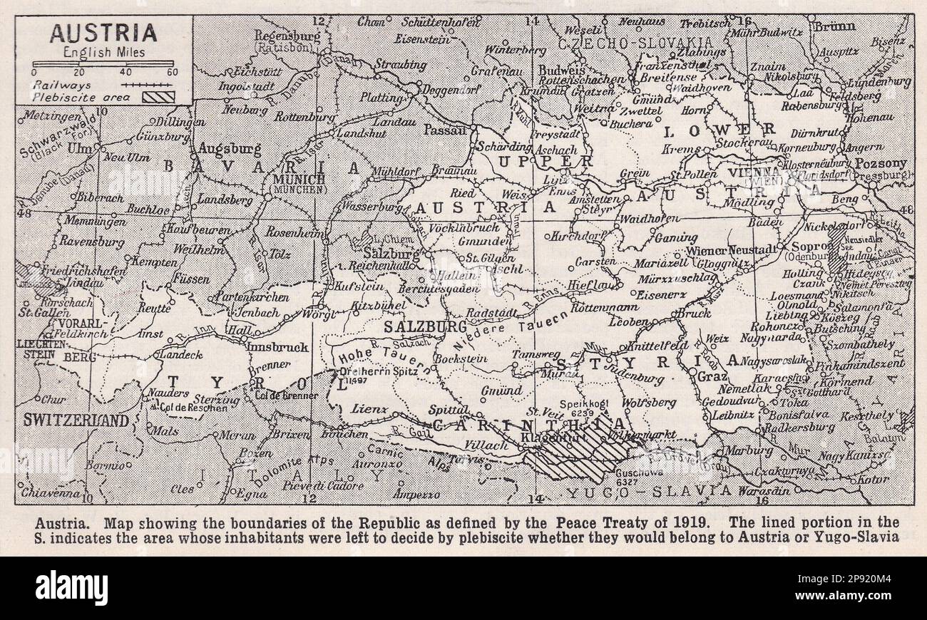 Austria - Mappa d'epoca che mostra i confini della Repubblica come definito dal trattato di pace del 1919. Foto Stock