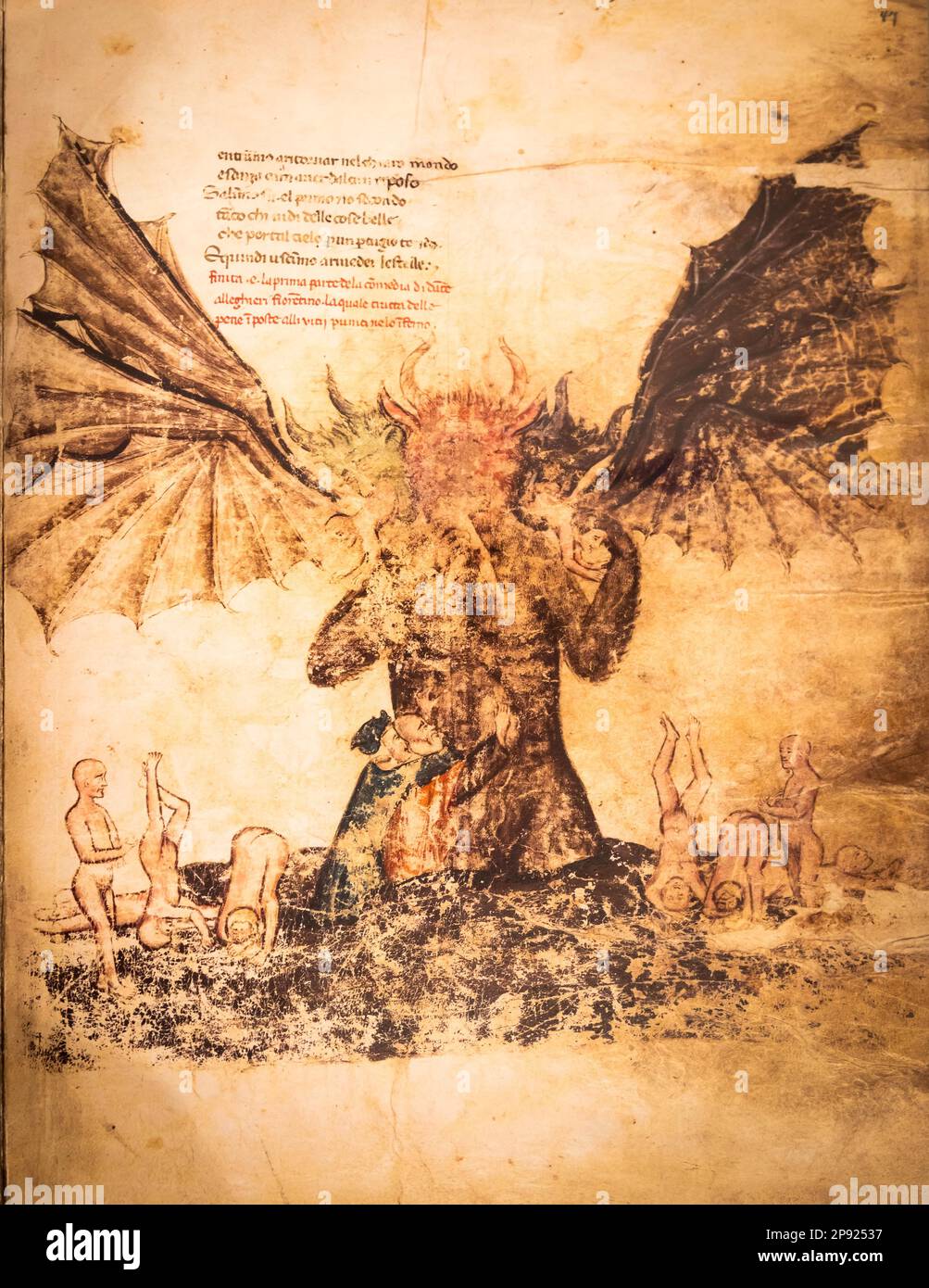 FIRENZE, ITALIA - circa luglio 2021. Antico foglio manoscritto da un libro gotico con illustrazione satanica inferno, copia del 16th ° secolo Foto Stock