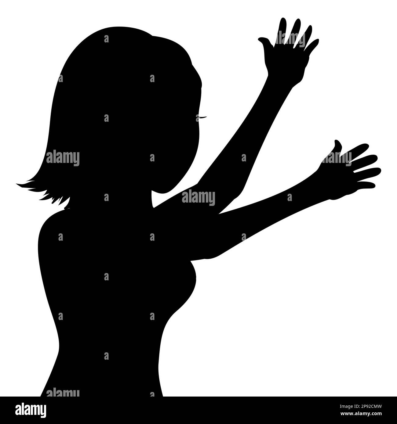 Silhouette nera di donna con mani sollevate in attesa di un abbraccio su sfondo bianco. Illustrazione Vettoriale