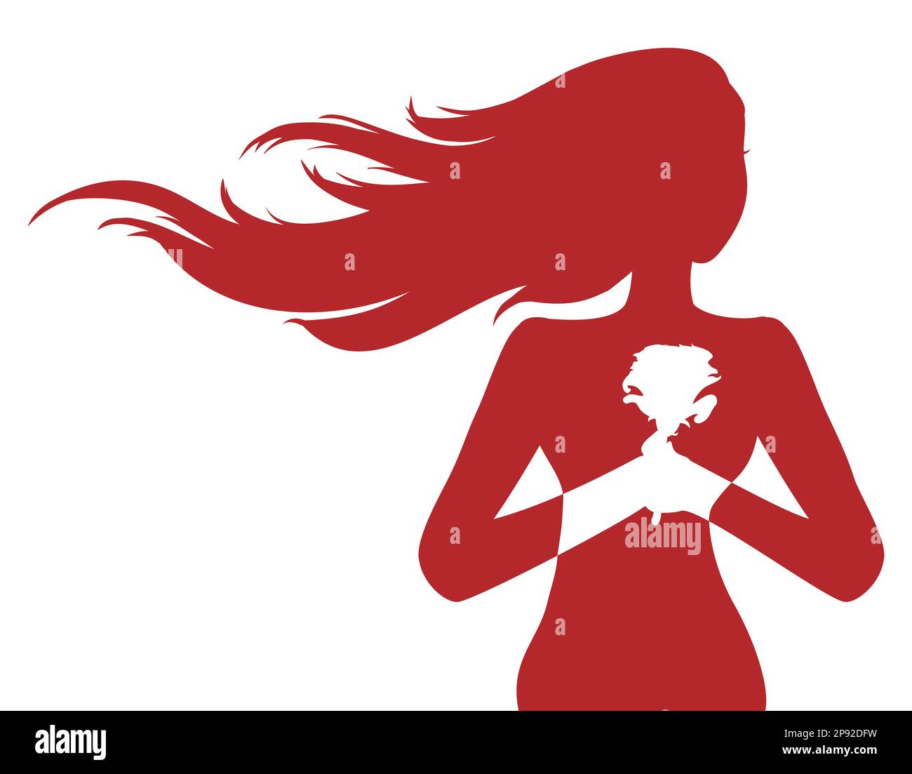 Donna dalla silhouette rossa con capelli lunghi che regge una rosa con entrambe le mani. Design con effetto positivo e negativo. Illustrazione Vettoriale