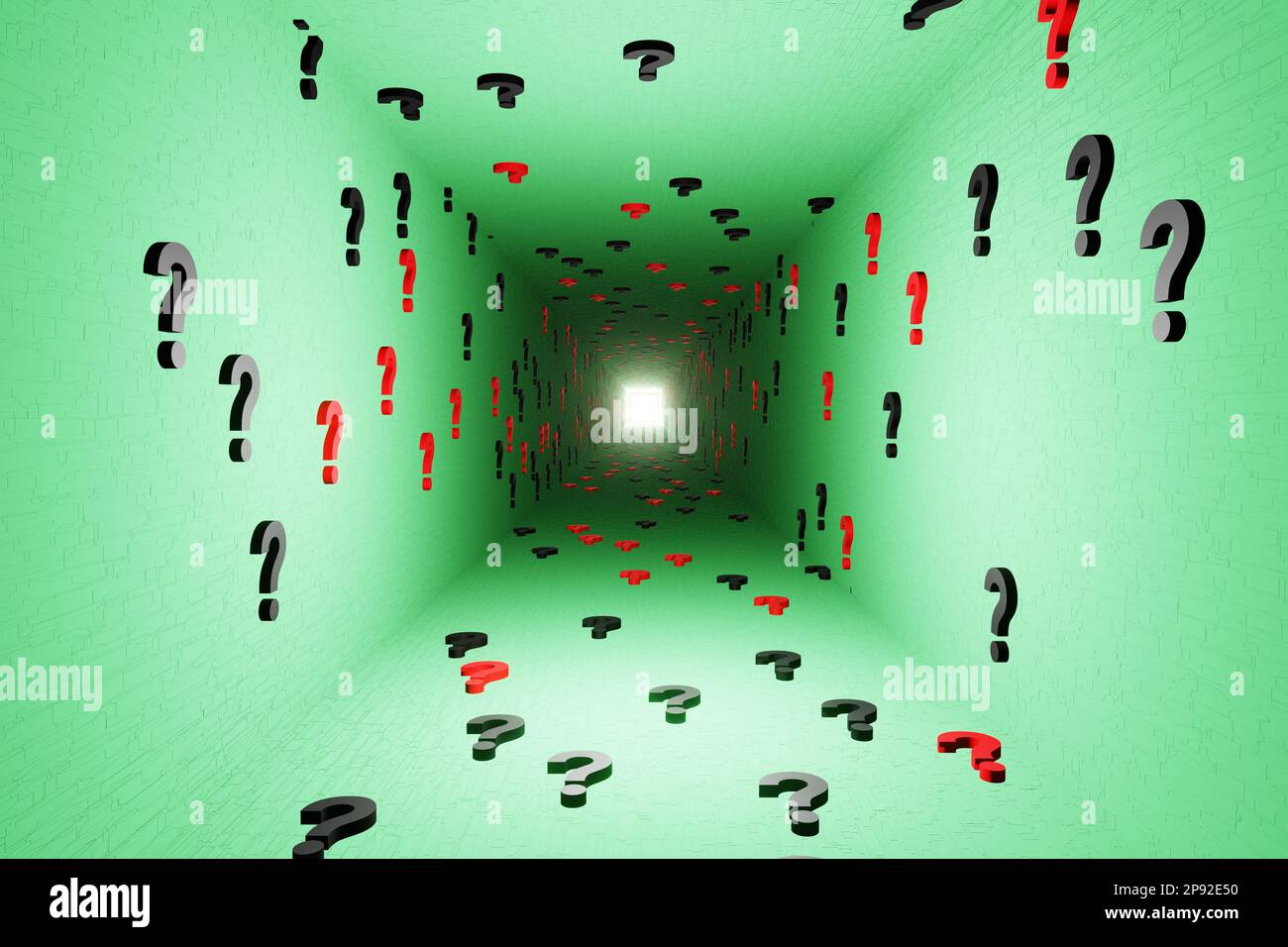 Punti interrogativi simboli icona tunnel sfondo verde rendering 3D. Domande sul cyberspazio digitale, Symbol, fare, fare, informazioni essenziali, confusione pensare Foto Stock