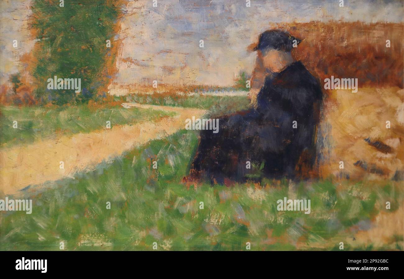 Gestalt in einer Landschaft bei Barbizon (Figura in un paesaggio a Barbizon) del pittore post-impressionista francese Georges Seurat al Wallraf-Richartz Museum di Colonia, Germania Foto Stock