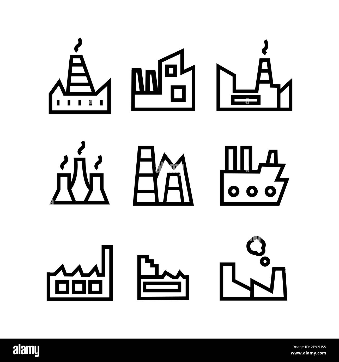 Icona di fabbrica linea sottile nera impostata. concetto di semplice elemento infografico, emissione pericolosa, torre, distilleria, camino. Stile lineare di tendenza moderno log Illustrazione Vettoriale
