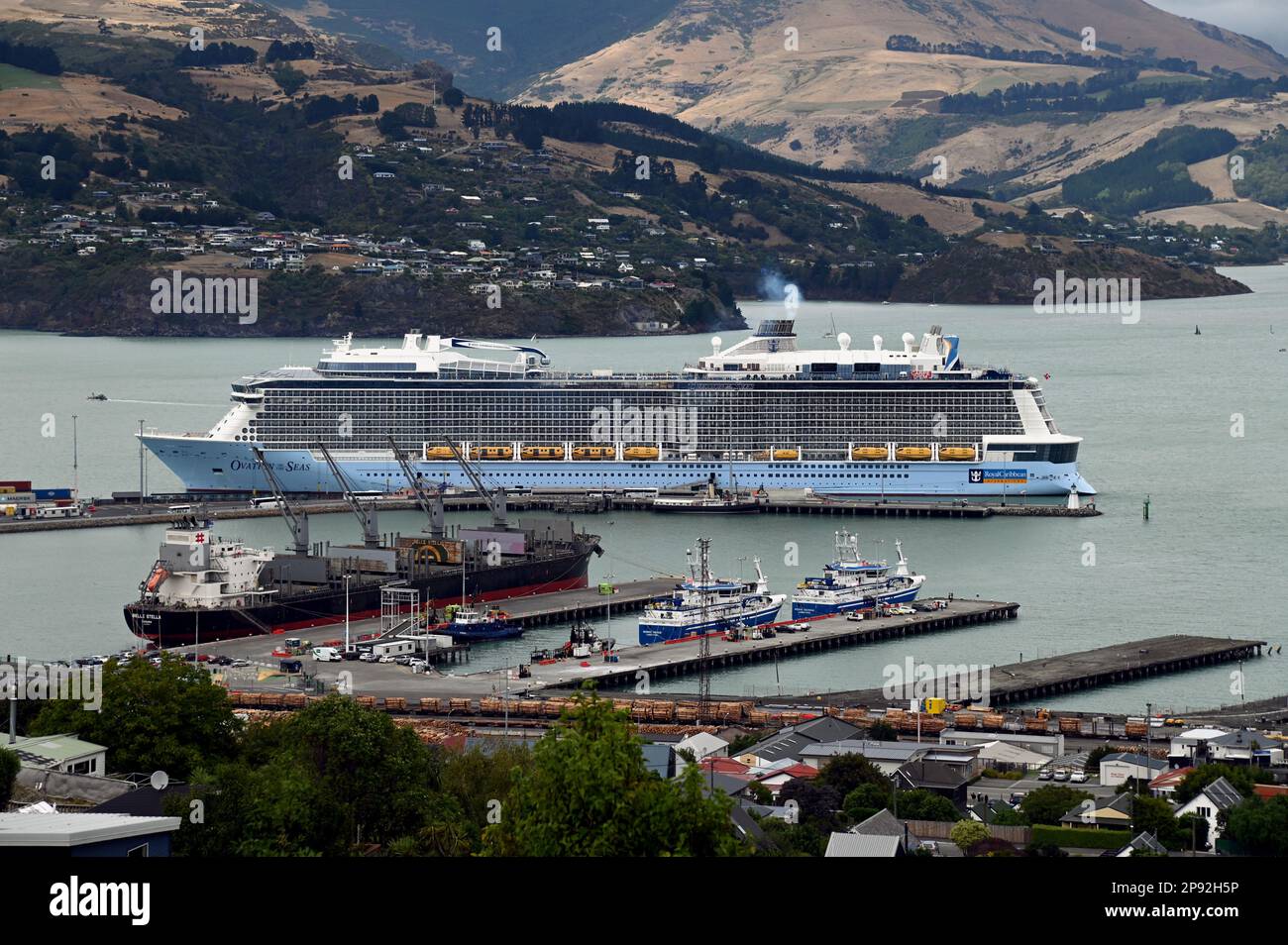 La nave da crociera 'Ovation of the Seas' ormeggiata nel Porto di Lyttelton, un porto sulla Penisola di Banks sull'isola meridionale di New Zealands. Foto Stock