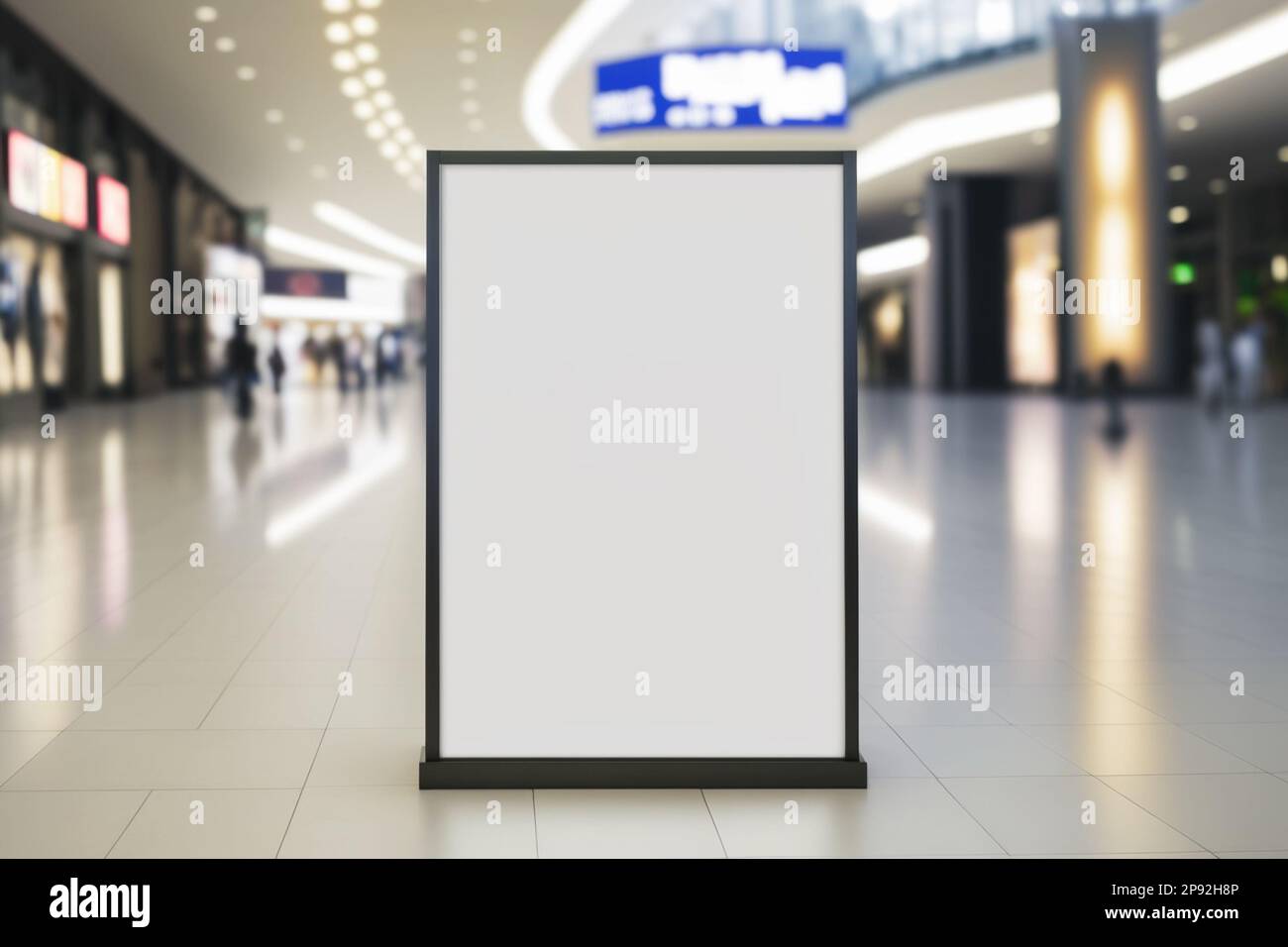 Cartellone pubblicitario vuoto sul pavimento in un centro commerciale, perfetto per il branding aziendale e la promozione Foto Stock