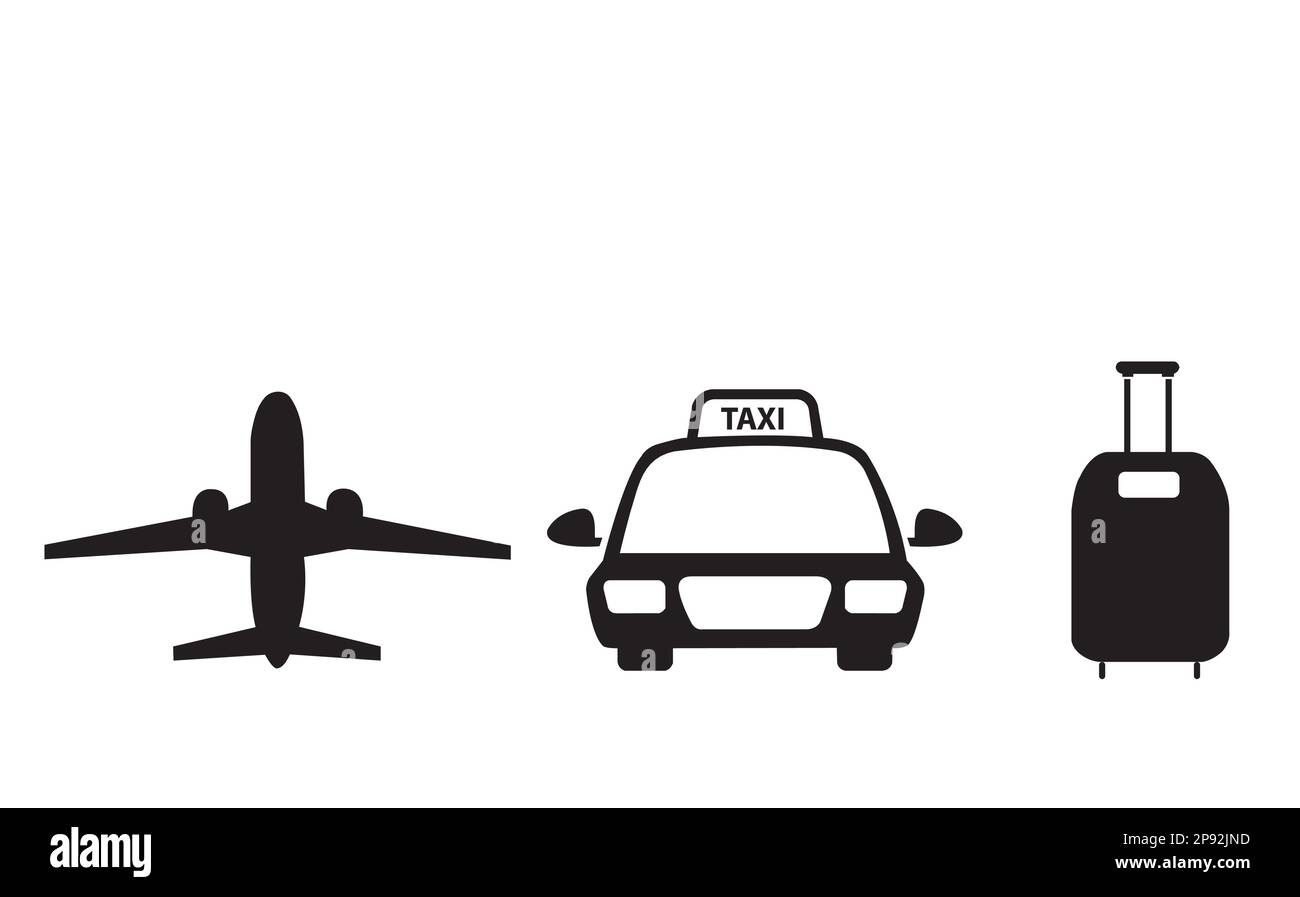 Immagine nera di aeroplano, taxi e valigia su sfondo bianco Illustrazione Vettoriale