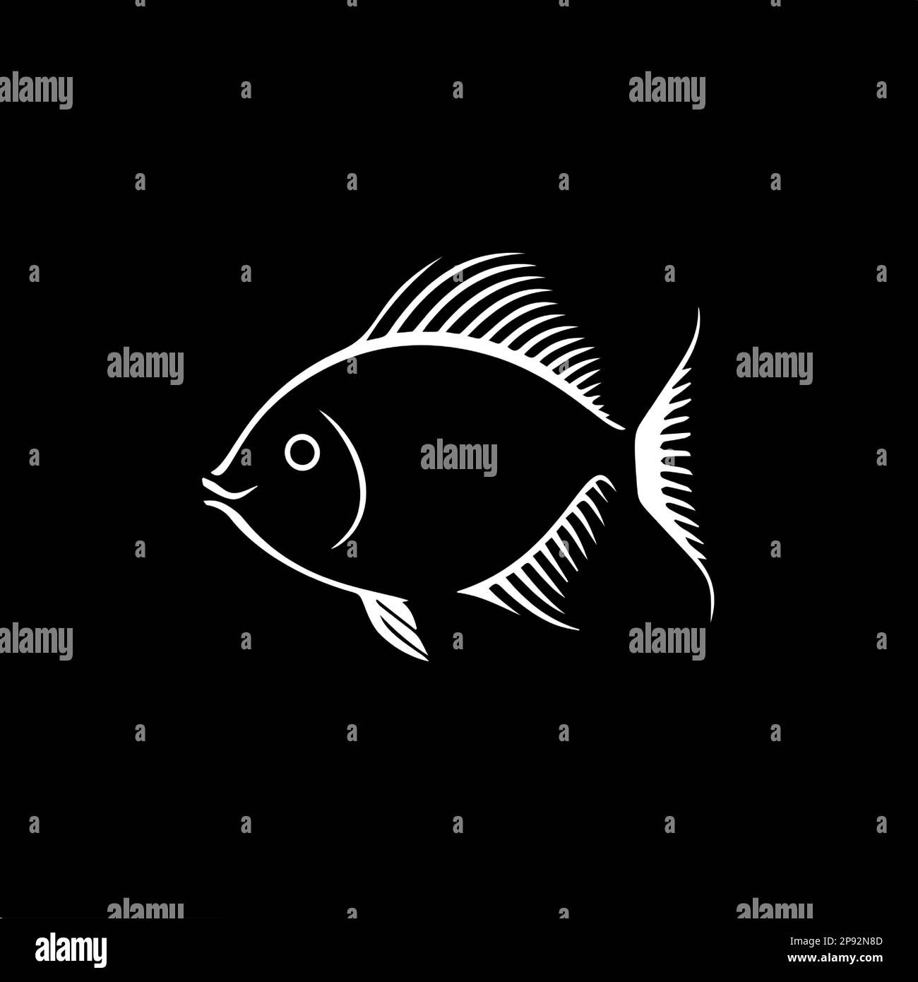 Modello minimalistico con logo, icona bianca con silhouette a forma di pesce su sfondo nero, moderno logo concept per l'identità aziendale, stampa t-shirt, tatuaggio Illustrazione Vettoriale