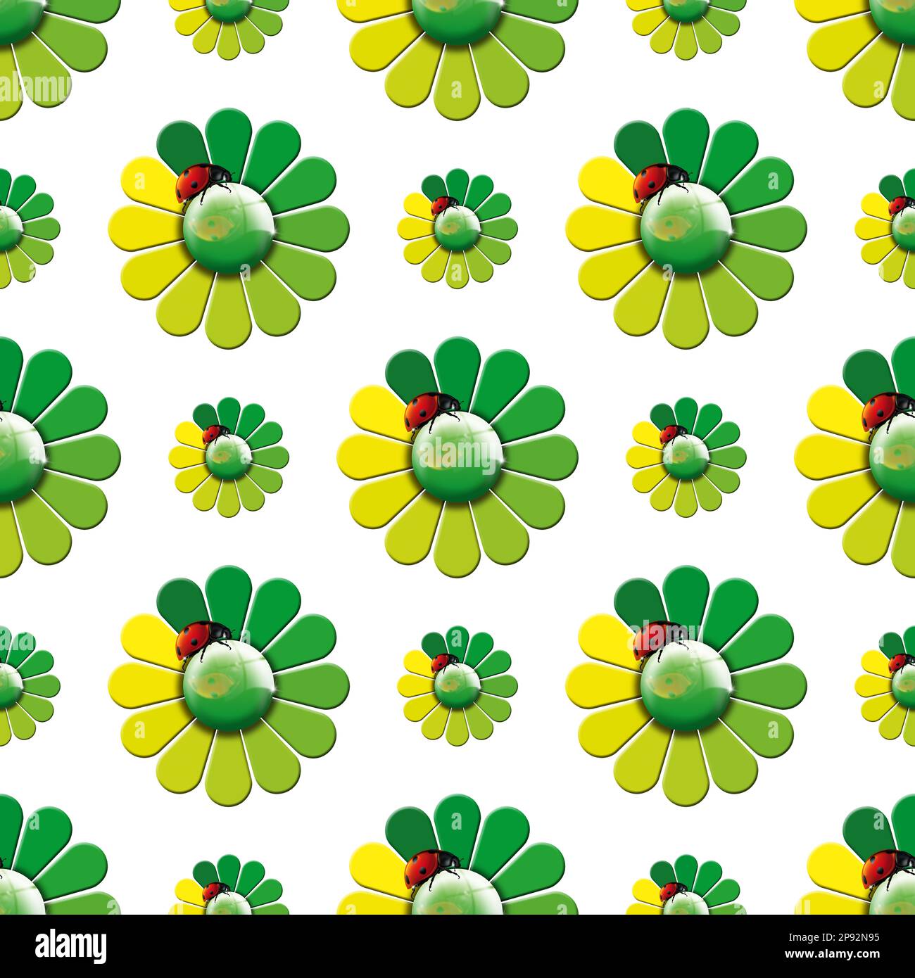 Motivo senza cuciture con fiori verdi e gialli e coccinelle, isolato su sfondo bianco. Illustrazione 3D. Foto Stock