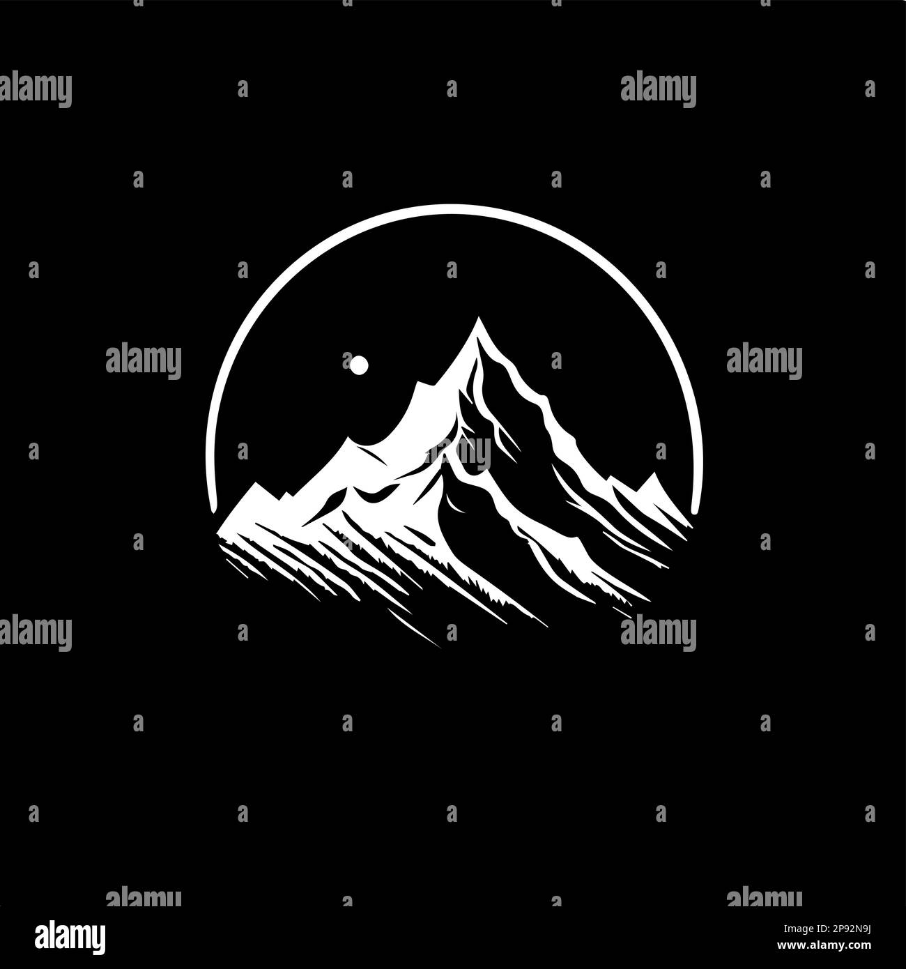 Modello minimalistico con logo, icona bianca con silhouette di montagna su sfondo nero, moderno logo per l'identità aziendale, stampa t-shirt Illustrazione Vettoriale