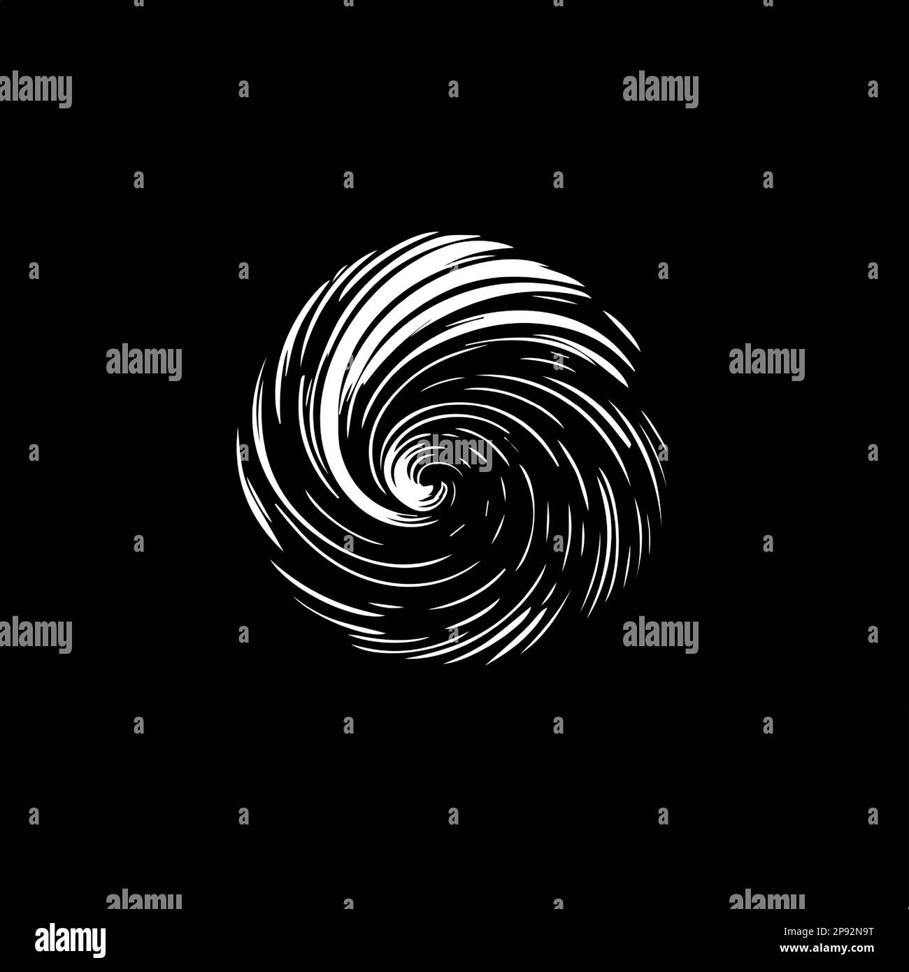 Modello minimalistico con logo, icona bianca con silhouette in uragano su sfondo nero, moderno logo concept per l'identità aziendale, stampa t-shirt Illustrazione Vettoriale