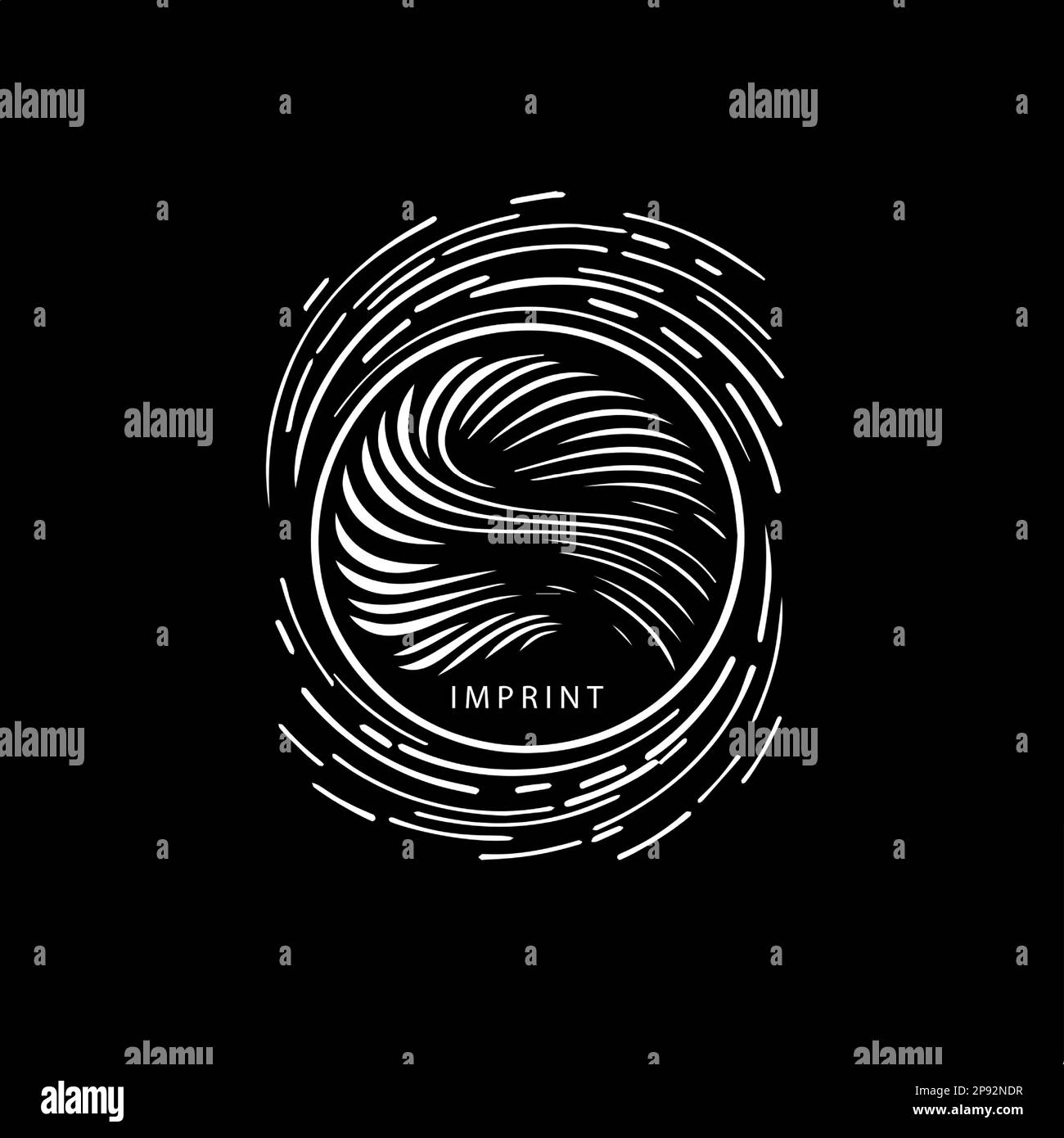 Modello minimalistico con logo, icona bianca con silhouette per impronte digitali su sfondo nero, moderno logo per l'identità aziendale, stampa t-shirt Illustrazione Vettoriale