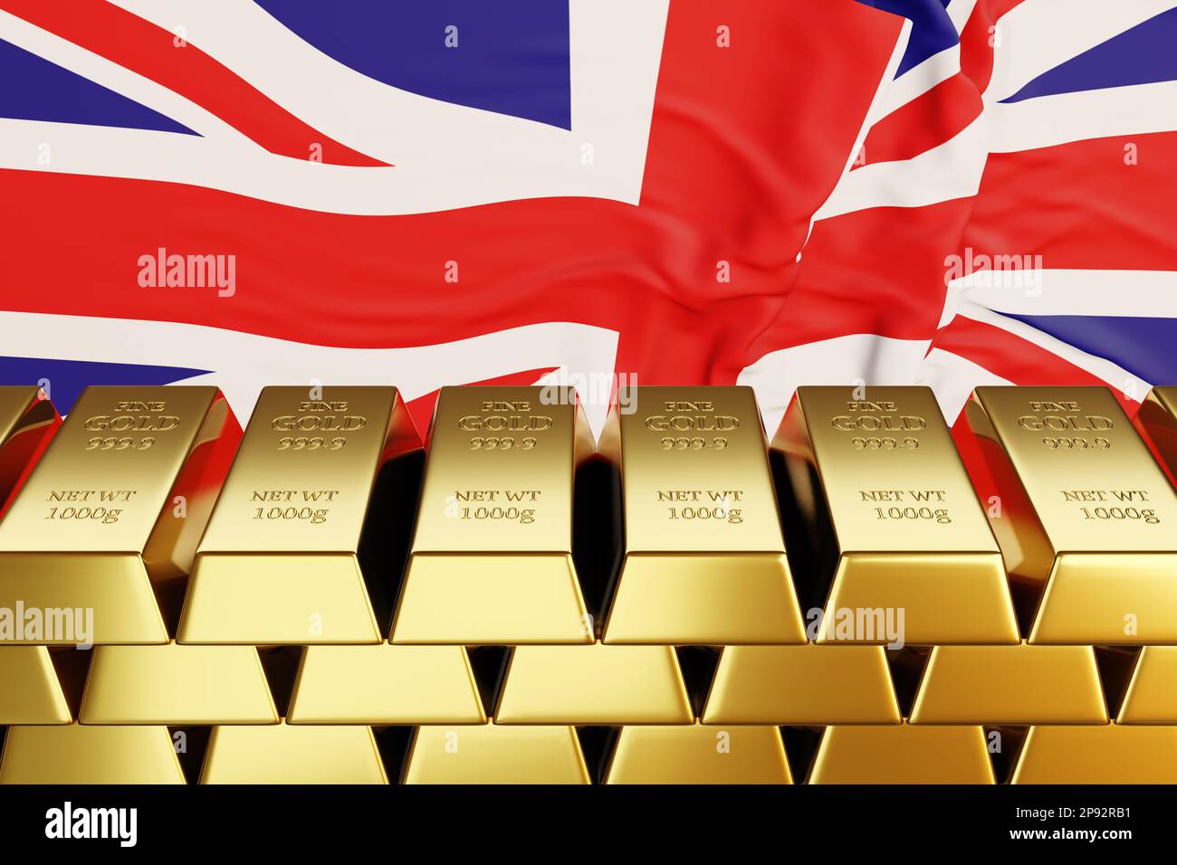 Cumulo di oro bar bullion su UK Union Jack Flag. Illustrazione del concetto di riserva d'oro britannica Foto Stock